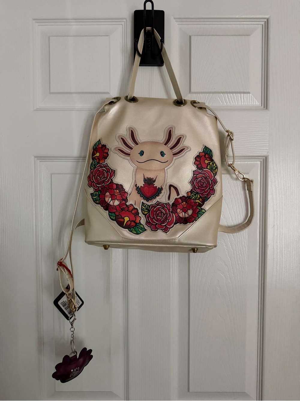 Cream Floral Axolotl Embroidered Bucket Backpack (limited edition)